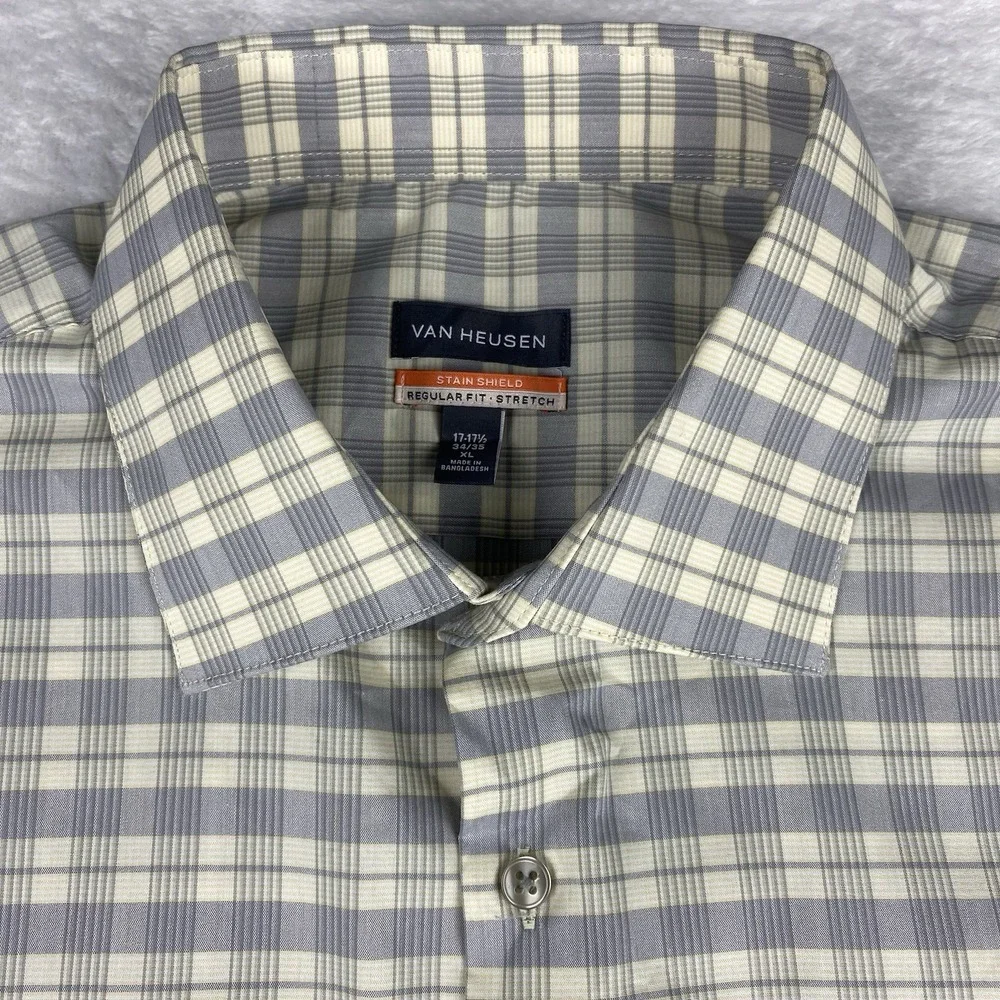 Van Heusen Shirt Mens 17-17.5/34-35 Blue/Cream Plaid Stain Shield Stretch NWT!